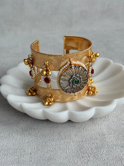 Ayura Designs Omita Adjustable Kashmiri Cuff Bracelet – Floral Medallion with Pearl, Ruby & Emerald Detailing