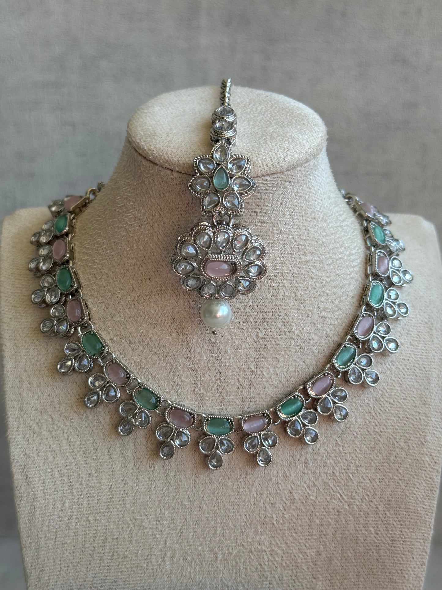 Ayura Designs Sumbul Set with Necklace, Earrings & Tikka – Mint & Blush Stones, Mirror-Cut Accents & Pearl Drops
