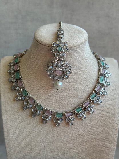 Ayura Designs Sumbul Set with Necklace, Earrings & Tikka – Mint & Blush Stones, Mirror-Cut Accents & Pearl Drops