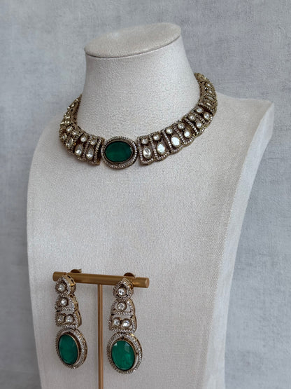Ayura Designs Sadie Necklace Set with Earrings – Emerald Green Centre Stone, Moissanite Style Stones & Crystal Halo Detailing