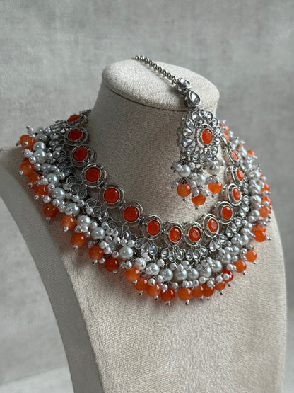 Ayura Designs Barira Set – Necklace, Jhumkis & Tikka with Orange Stones, Pearls & Antique Silver Finish