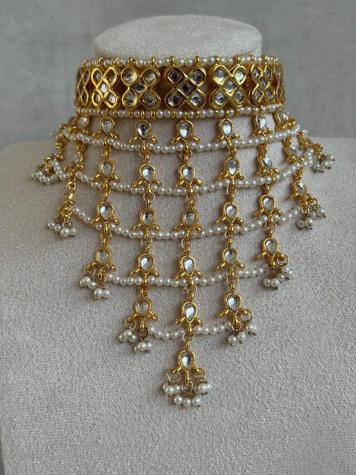Ayura Designs Basant Set with Choker, Earrings & Tikka – Mirror-Cut Stones, Pearl Fringe & Antique Gold Finish