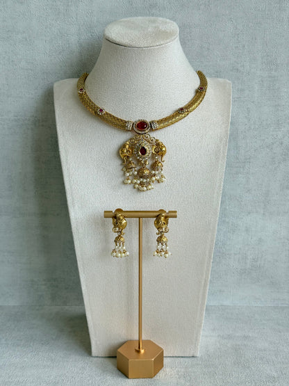 Ayura Designs Wadha Collar Necklace Set with Earrings – Gold Elephant Pendant & Ruby Red Stone Detailing