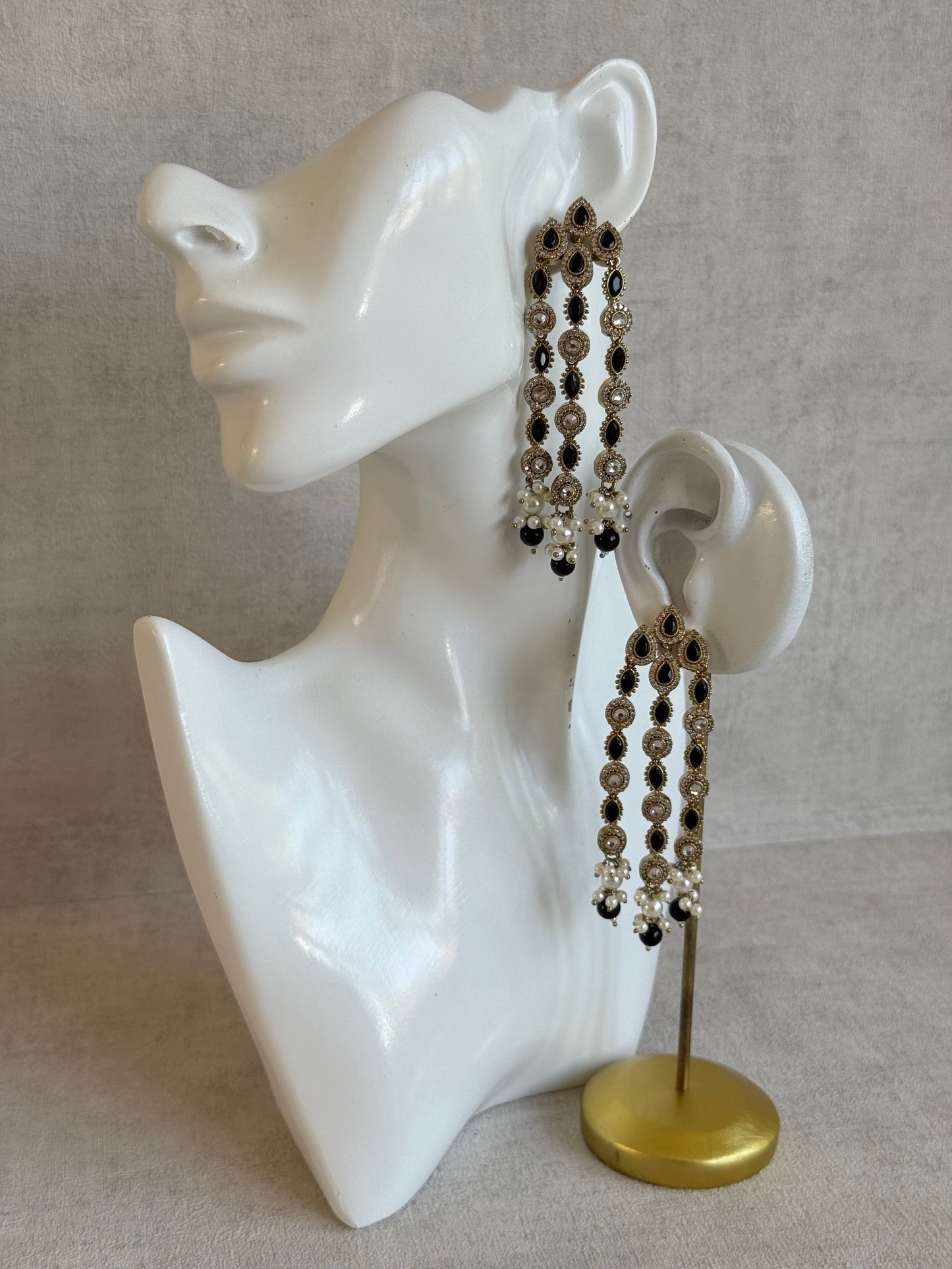 Ayura Designs Emilia Earrings – Gold Triple Strand Statement Earrings with Black Stones & Pearl Drops