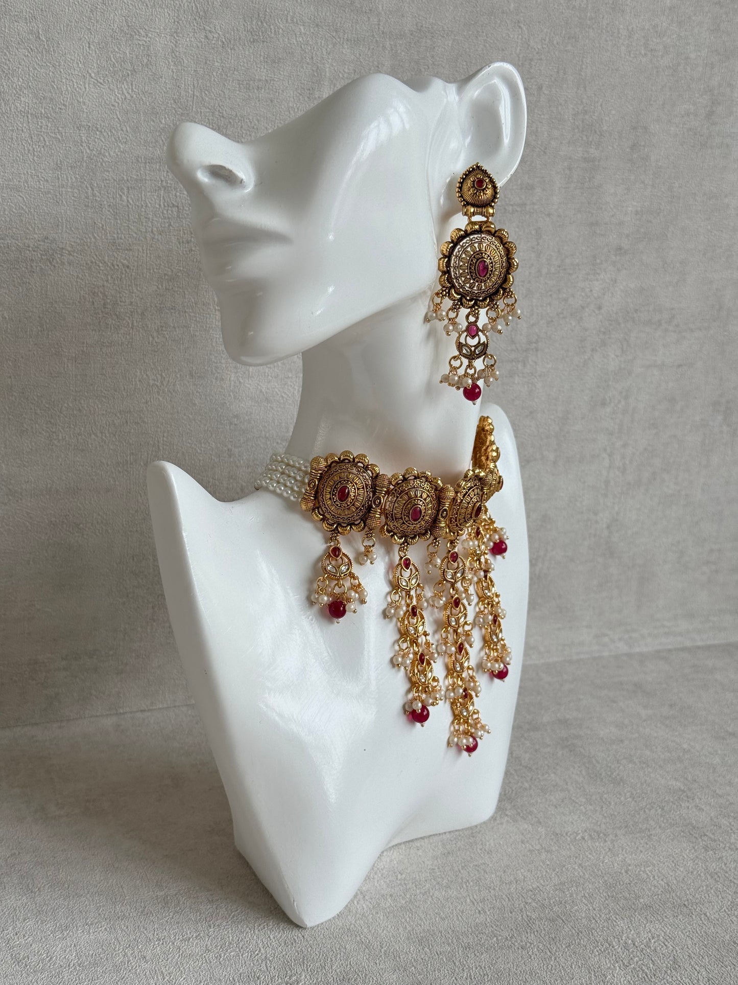 Ayura Designs Kabini Choker Set with Earrings – Gold Kundan Waterfall Choker with Ruby Pink Beads & Pearls