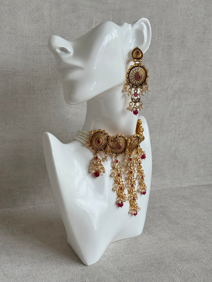 Ayura Designs Kabini Choker Set with Earrings – Gold Kundan Waterfall Choker with Ruby Pink Beads & Pearls
