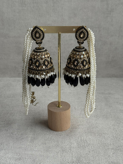 Ayura Designs Amrita Set – Jhumkis with Sahare & Tikka in Black, Pearls and Antique Gold Finish