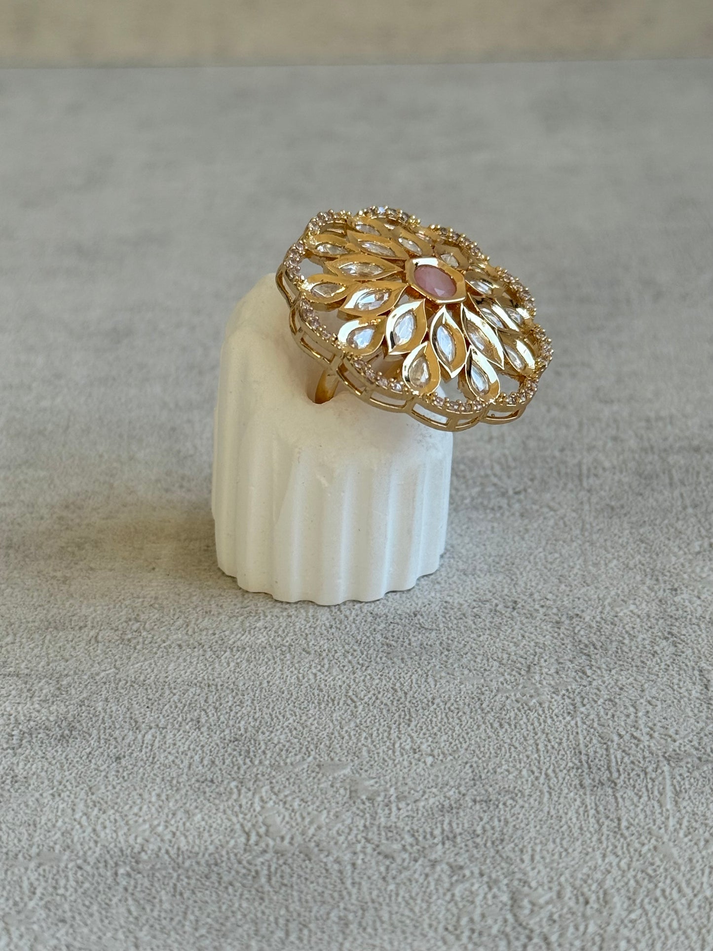 Ayura Designs Elisa Adjustable Ring – Moissanite Floral Ring with Blush Pink Centre & Crystal Border