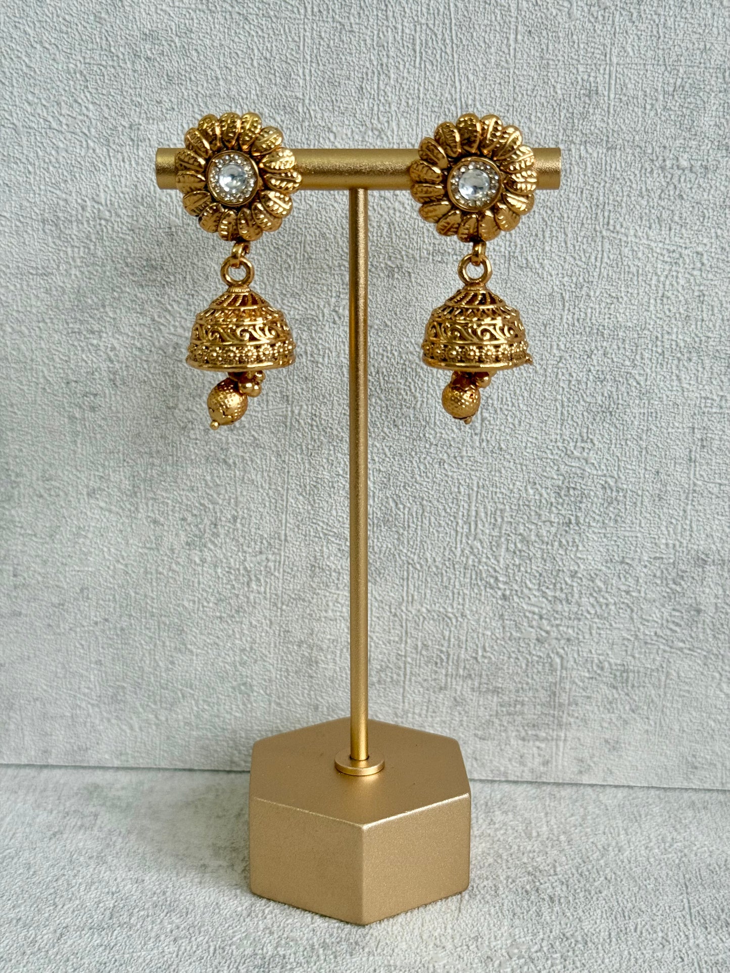 Ayura Designs Arisa Choker Set with Jhumkis – Antique Gold Floral Motifs with Ghungroo Drops