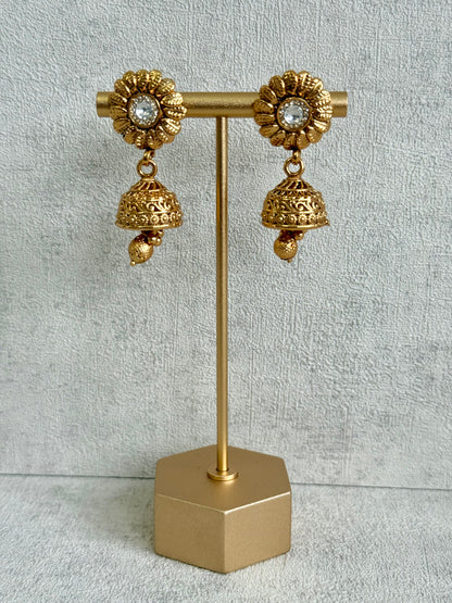 Ayura Designs Arisa Choker Set with Jhumkis – Antique Gold Floral Motifs with Ghungroo Drops
