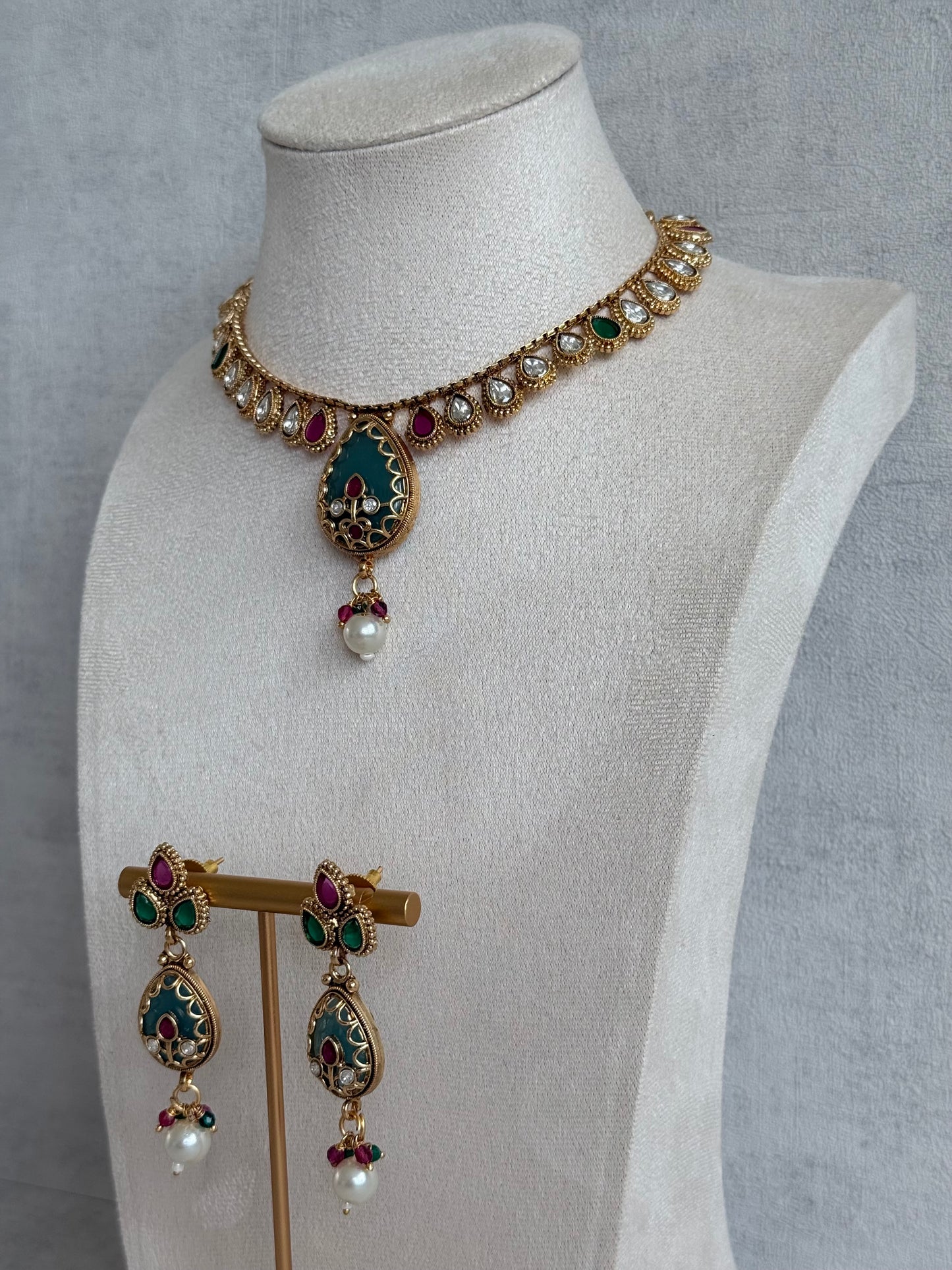 Ayura Designs Lamees Necklace Set with Earrings – Green Enamel, Emerald Green & Ruby Pink Stones with Pearl Drops