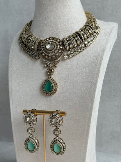 Ayura Designs Ahana Necklace Set with Earrings – Mint Green Teardrop Stones & Moissanite Detailing