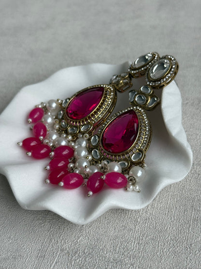 Ayura Designs Nageen Earrings – Antique Gold Jhumkis with Hot Pink Stones, Mirror-Cut Accents & Pearl Drops