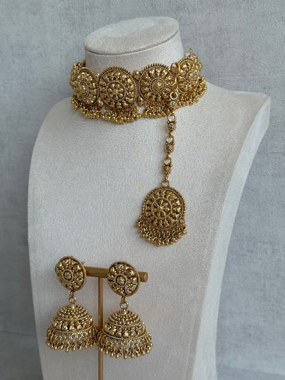 Ayura Designs Nawabi Choker Set with Jhumkis & Tikka – Traditional Gold Tone Bridal Choker with Floral Motifs & Ghungroo Detailing