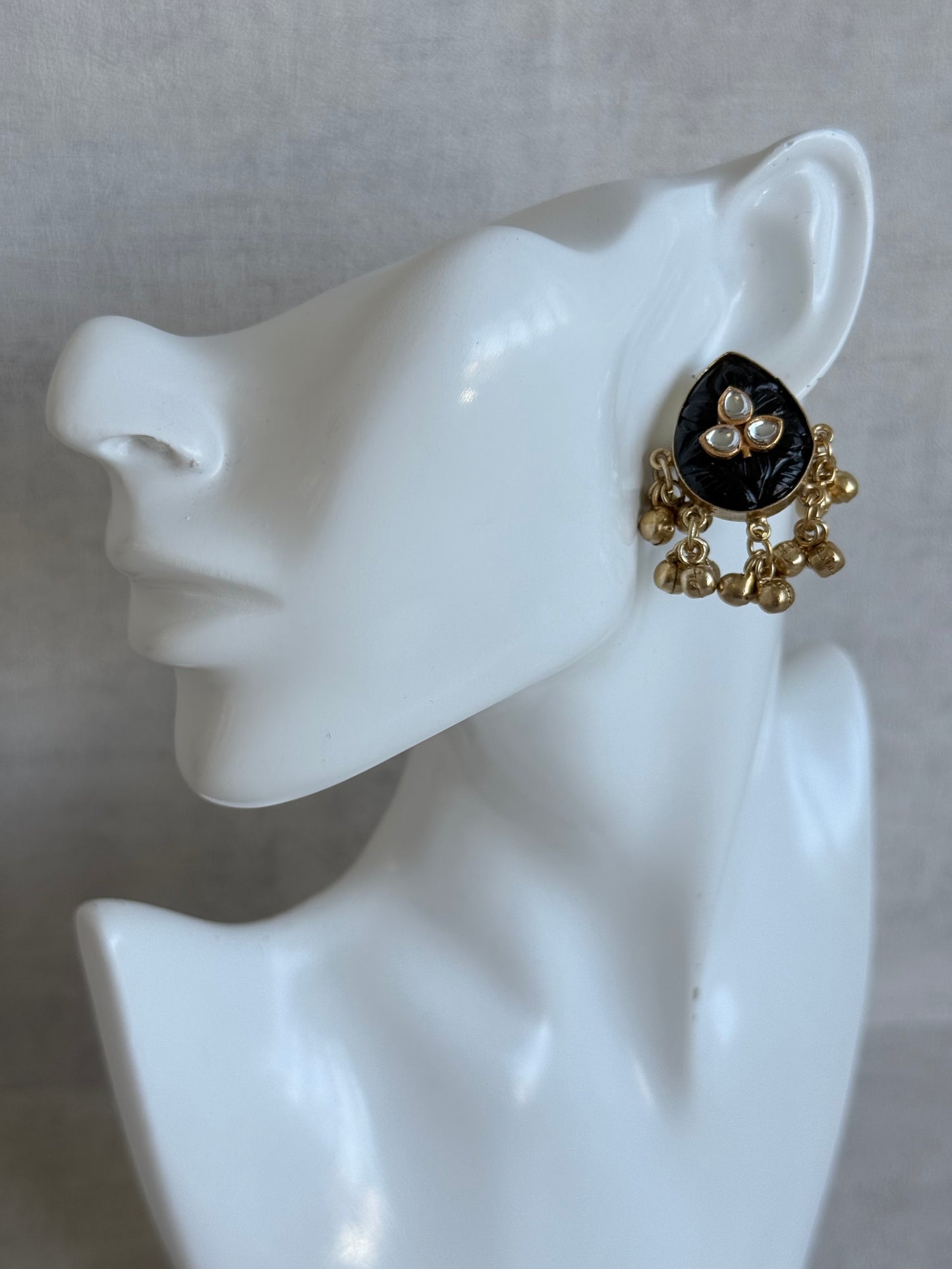Ayura Designs Aykai Earrings – Black Carved Teardrop Stud Earrings with Clear Kundan Stones & Gold Ghungroo Drops