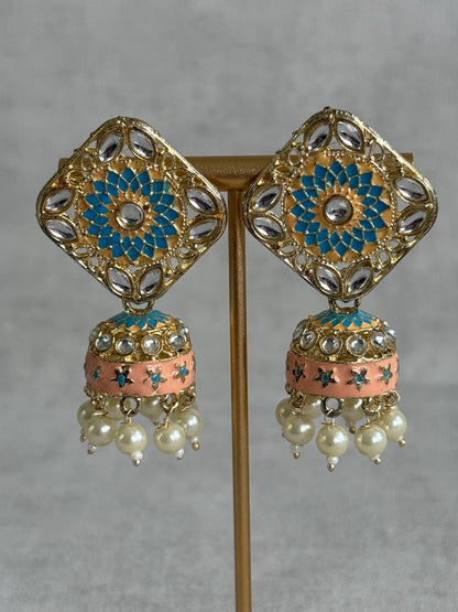 Ayura Designs Rangoli Jhumkis – Aqua Blue & Peach Meenakari with Pearl Drops in Antique Gold Finish