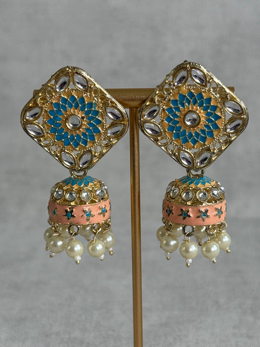Ayura Designs Rangoli Jhumkis – Aqua Blue & Peach Meenakari with Pearl Drops in Antique Gold Finish