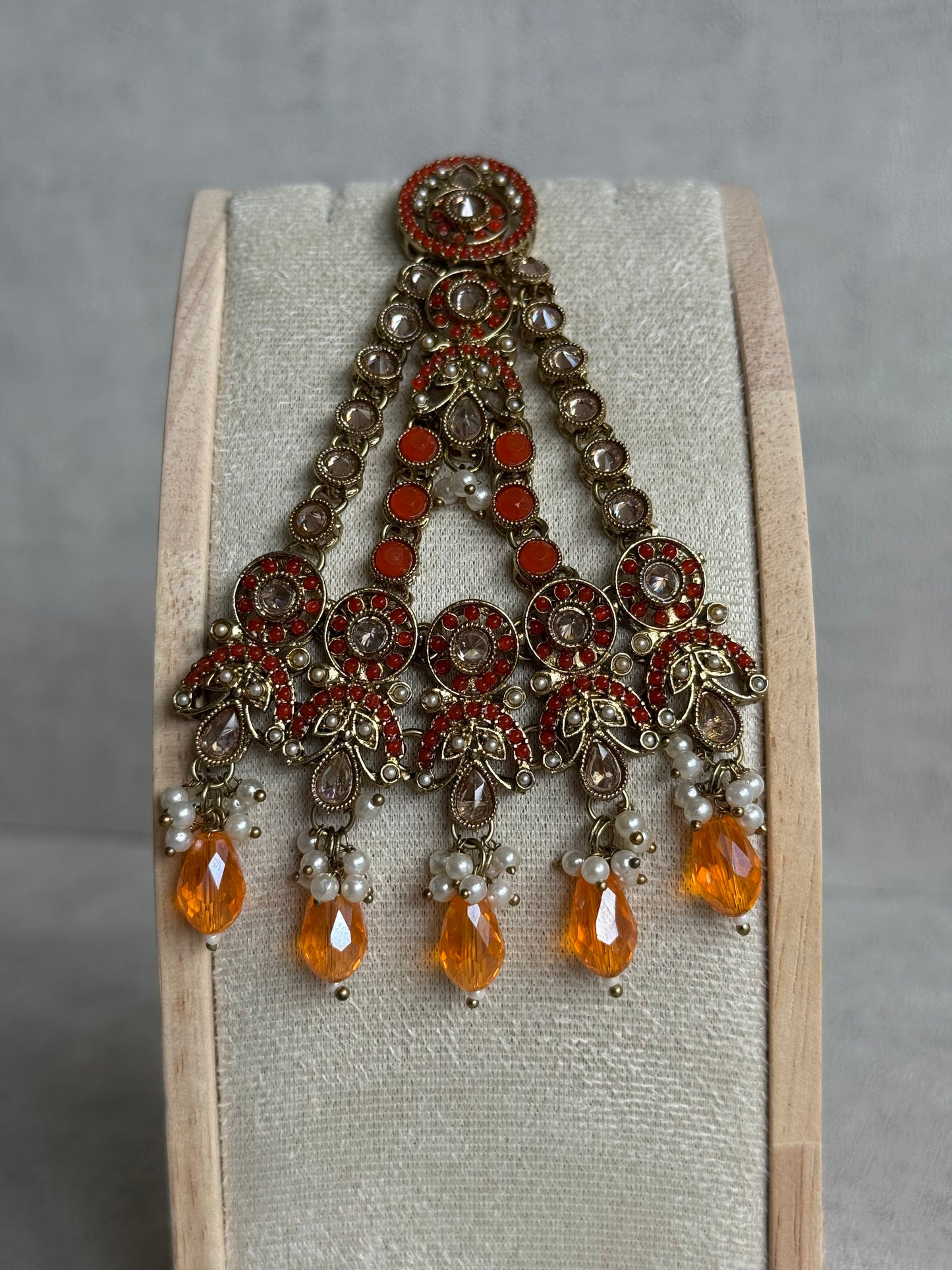 Ayura Designs Almas Tikka Set with Earrings, Tikka & Sahara – Orange Beads & Antique Gold Finish