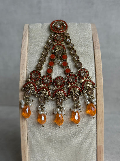 Ayura Designs Almas Tikka Set with Earrings, Tikka & Sahara – Orange Beads & Antique Gold Finish