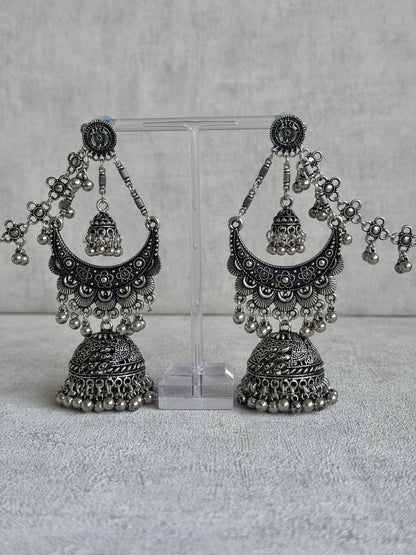 Ayura Designs Nazaakat Jhumkas - Oxidised Silver Earrings with Detachable Sahare | Antique Finish