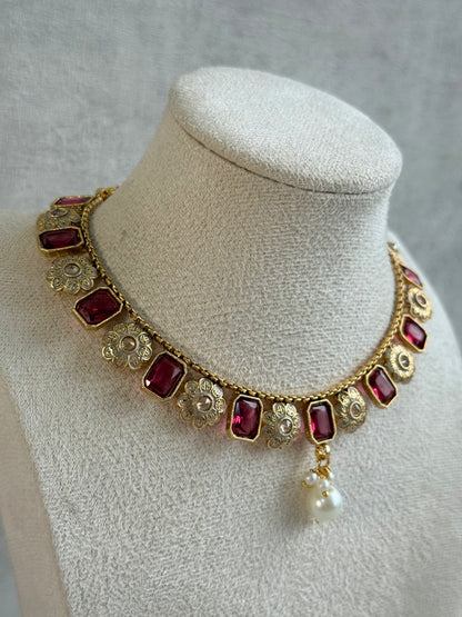 Ayura Designs Padma Necklace Set with Earrings – Rani Pink Stones with Pearl Drop Detailing
