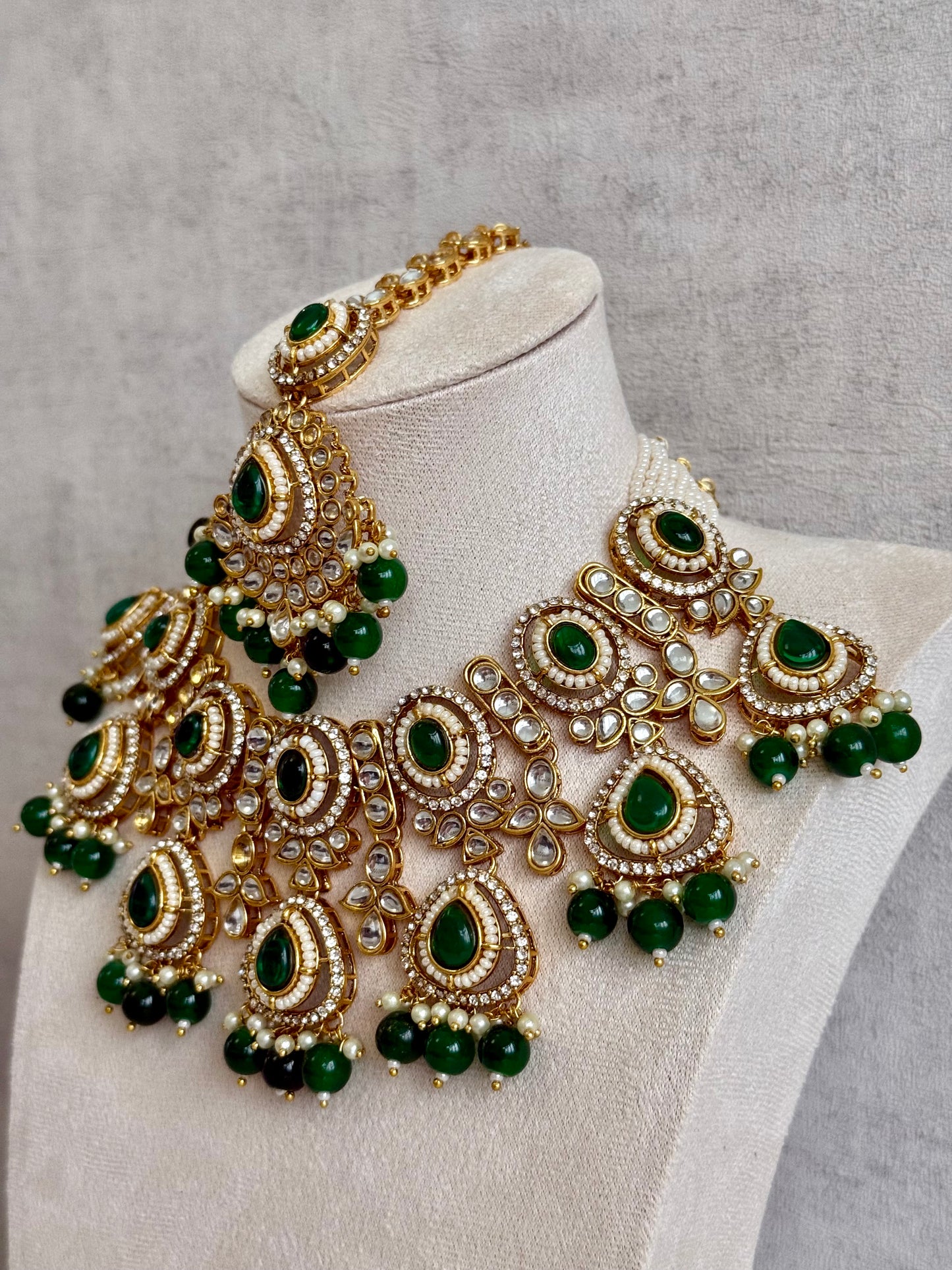 Ayura Designs Janvi Set with Necklace, Earrings & Tikka – Kundan Detailing, Emerald Green Beads & Pearls Drops