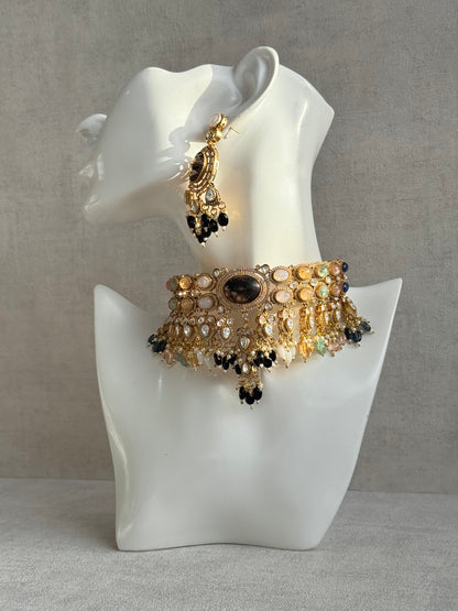 Ayura Designs Poppy Choker Set with Statement Earrings – Smoky Stone Centre with Pastel Beads, Pearls and Black Drops