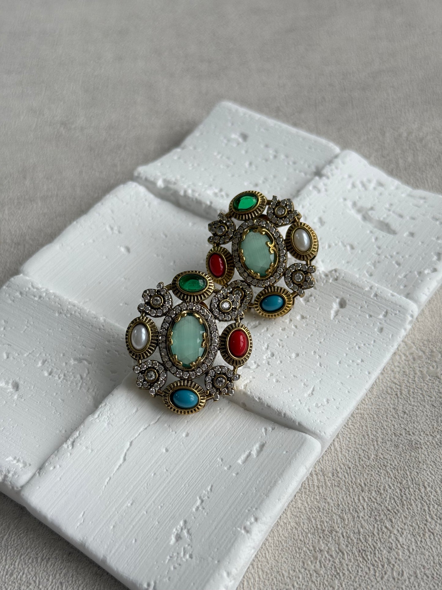 Ayura Designs Celia Stud Earrings – Sea Green & Multicolour Stones with Gold Finish