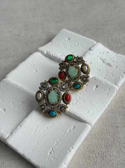 Ayura Designs Celia Stud Earrings – Sea Green & Multicolour Stones with Gold Finish