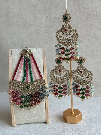 Ayura Designs Dilnaz Necklace Set with Earrings, Tikka & Passa – Multicolour Crystal Beads & Antique Gold Finish