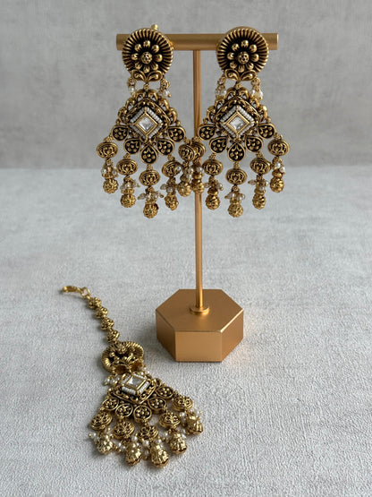 Ayura Designs Ehsaas Bridal Set with Earrings & Tikka – Kundan Stones, Pearls in Antique Gold Finish