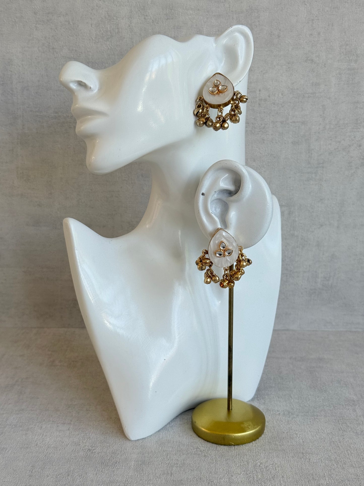 Ayura Designs Aykai Earrings – White Carved Teardrop Stud Earrings with Clear Kundan Stones and Gold Ghungroo Drops