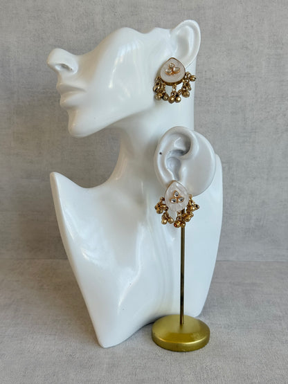 Ayura Designs Aykai Earrings – White Carved Teardrop Stud Earrings with Clear Kundan Stones and Gold Ghungroo Drops