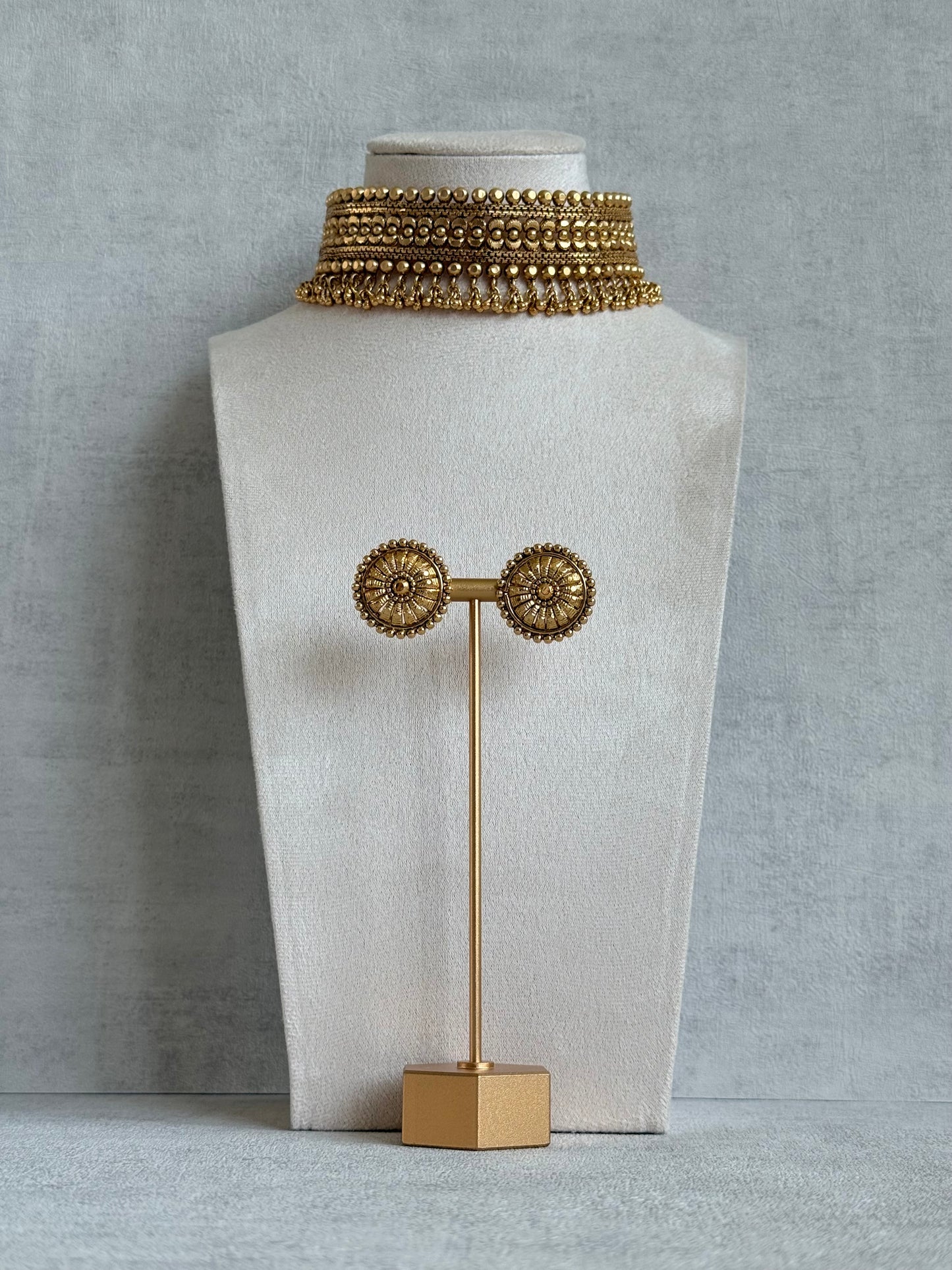 Ayura Designs Tavnoor Choker Set with Stud Earrings – Antique Gold Statement Choker with Traditional Bead Detailing