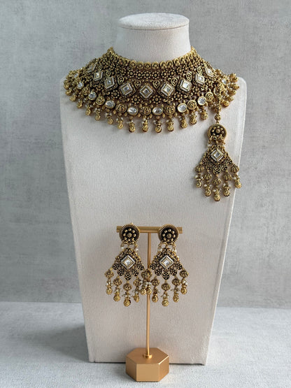 Ayura Designs Ehsaas Bridal Set with Earrings & Tikka – Kundan Stones, Pearls in Antique Gold Finish
