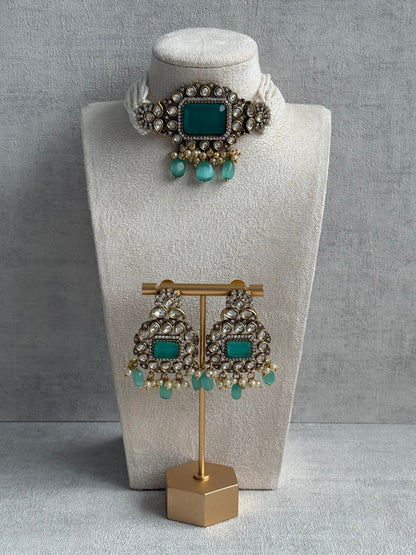 Ayura Designs Eva Choker Set with Earrings – Mirror-Cut Kundan, Pearl Strands & Mint-Green Stones in Antique Gold Finish
