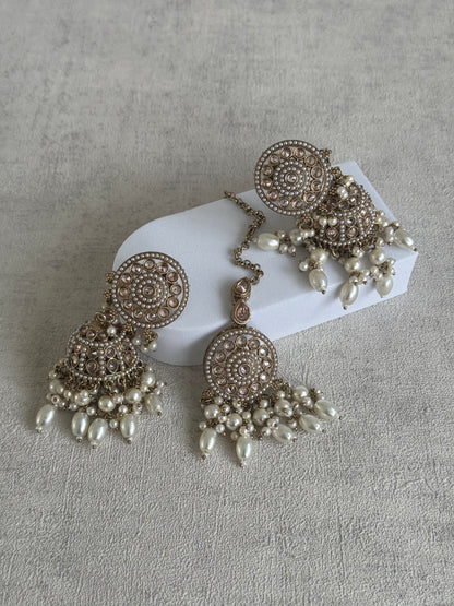 Ayura Designs Noorza Set with Jhumkis and Tikka – Pearl White Stones, Antique Gold & Polki Finish