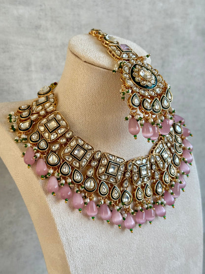 Ayura Designs Ishrat Set with Necklace, Earrings & Tikka – Kundan Detailing, Pearl Drops & Blush Pink Beads