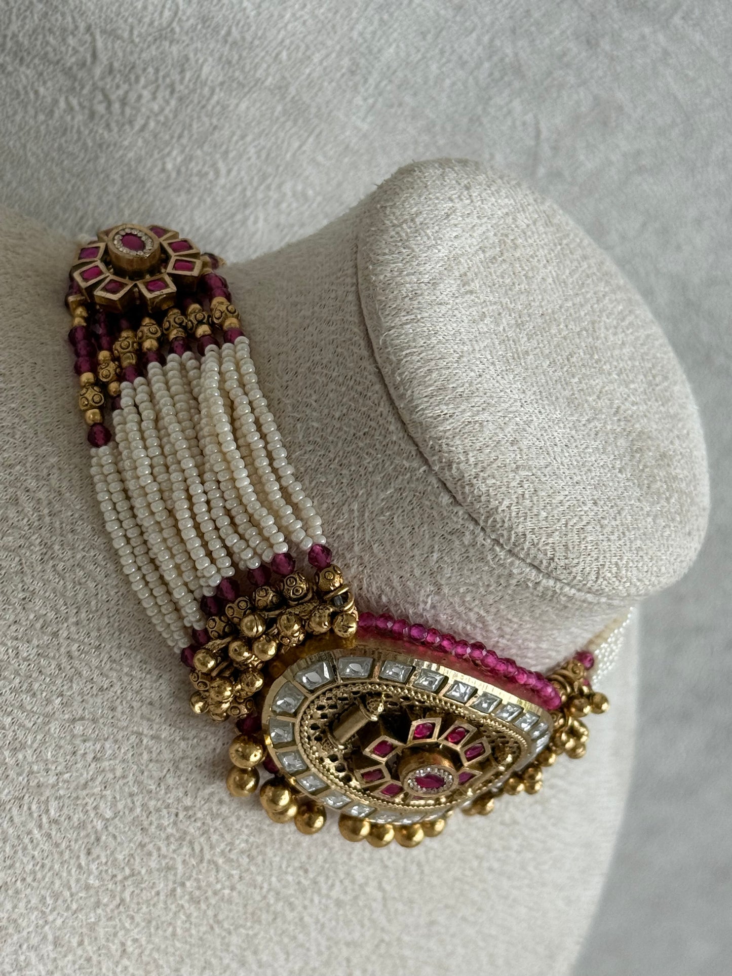 Ayura Designs Amiri Choker Set with Stud Earrings – Ruby Pink Stones, Pearl Strands & Moissanite Detailing