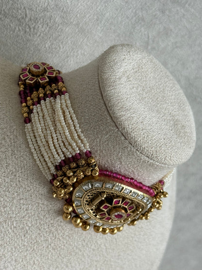 Ayura Designs Amiri Choker Set with Stud Earrings – Ruby Pink Stones, Pearl Strands & Moissanite Detailing