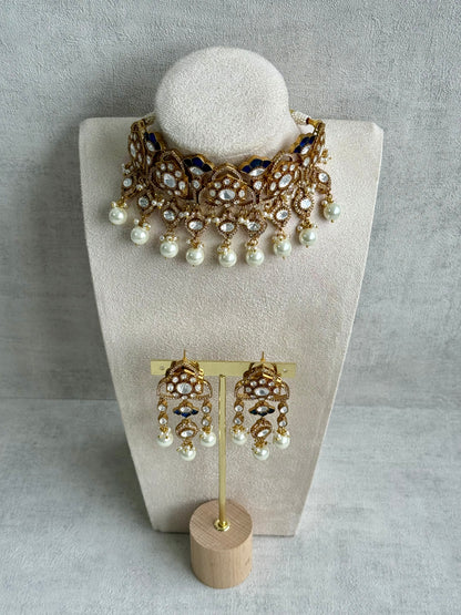 Ayura Designs Serina Choker Set with Earrings – Midnight Blue Enamel, Mirror-Cut Stones & Pearl Drops