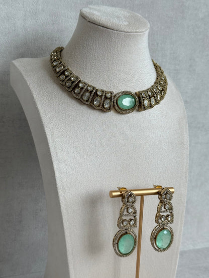 Ayura Designs Sadie Necklace Set with Earrings – Mint Green Centre Stone, Moissanite Style Stones & Crystal Halo Detailing