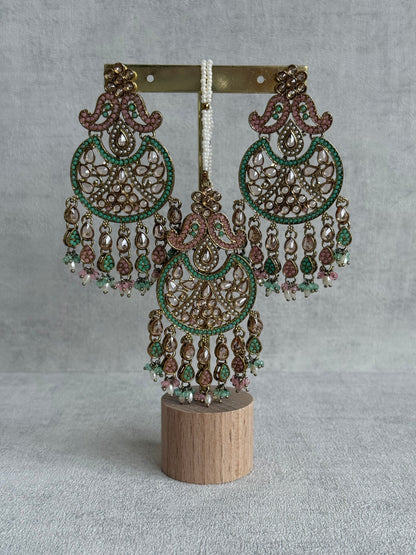 Ayura Designs Anvi Tikka Set with Earrings – Blush Pink & Mint Green with Champagne Stones & Pearl Drops