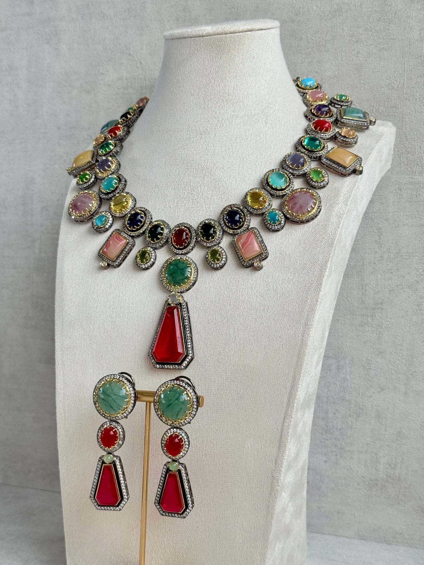 Ayura Designs Ophelia Set with Necklace & Earrings – Navratan Stone Detailing with Antique Silver Finish