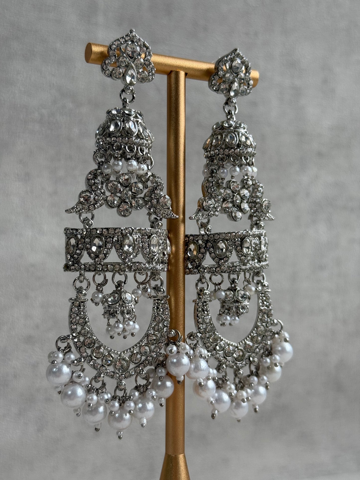 Ayura Designs Giselle Earrings – Silver Finish Chandbali Jhumkas with Mirror-Cut Stones & Pearl Drops