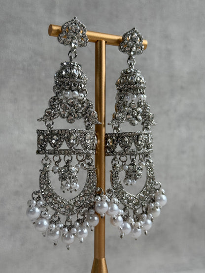 Ayura Designs Giselle Earrings – Silver Finish Chandbali Jhumkas with Mirror-Cut Stones & Pearl Drops