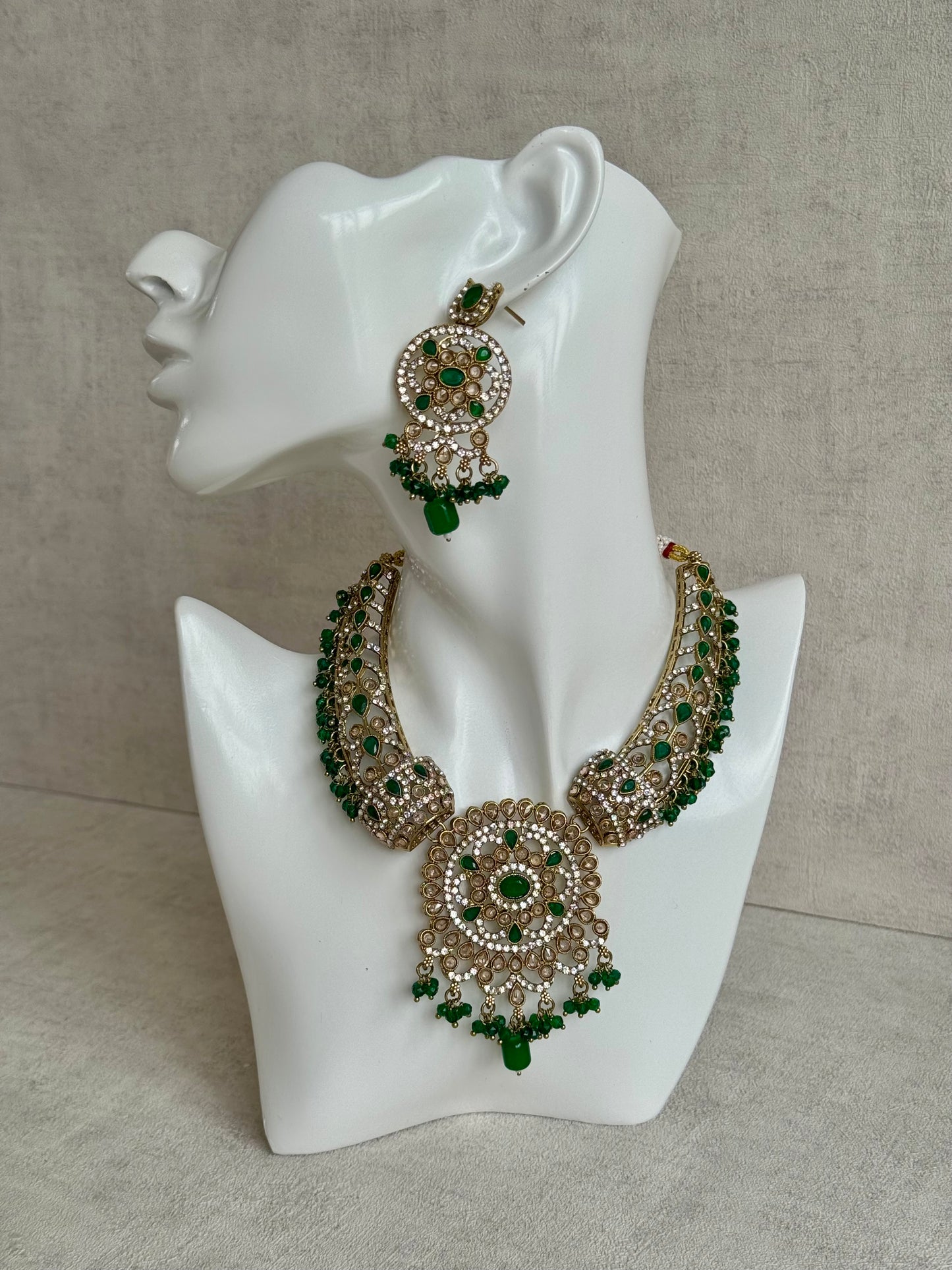 Ayura Designs Aleeza Set with Jhumkis & Tikka – Antique Finish with Champagne Polki Stones, Emerald Detailing & Beaded Drops