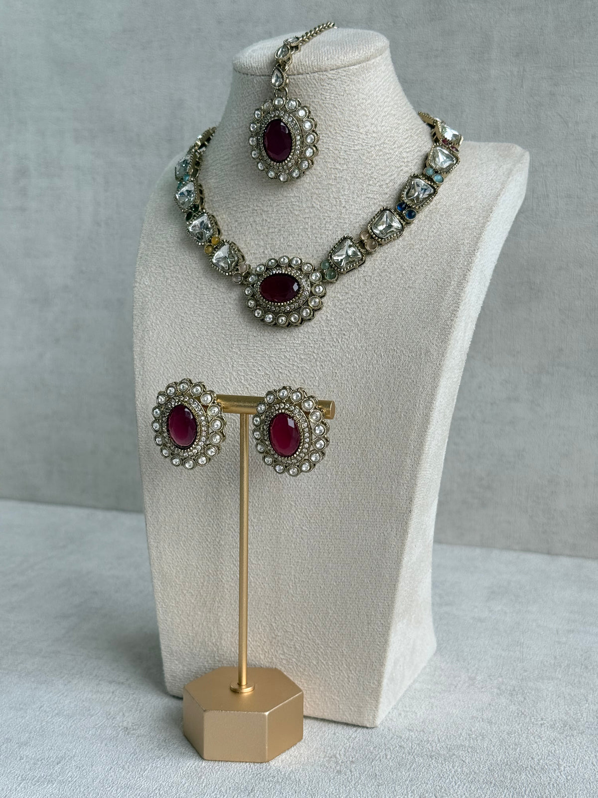 Ayura Designs Inza Necklace Set – Rani Pink, Multicolour Stones, Kundan & Crystals with Antique Gold Finish
