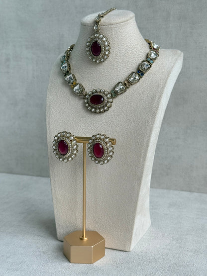 Ayura Designs Inza Necklace Set – Rani Pink, Multicolour Stones, Kundan & Crystals with Antique Gold Finish