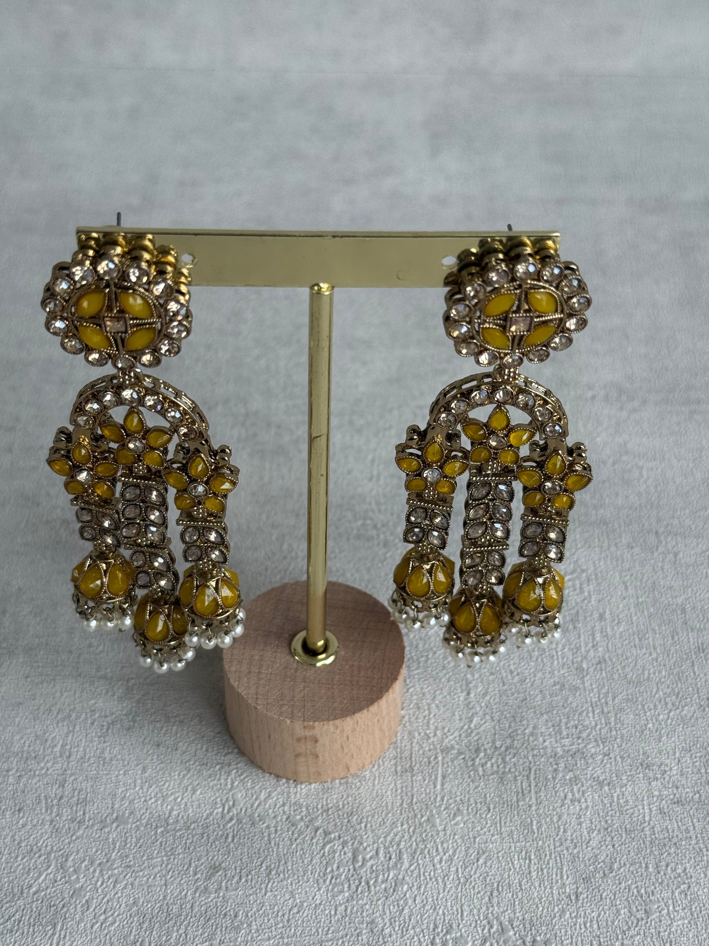 Ayura Designs Soraya Earrings – Yellow Stones, Champagne Crystals, Pearl Detailing & Gold Finish